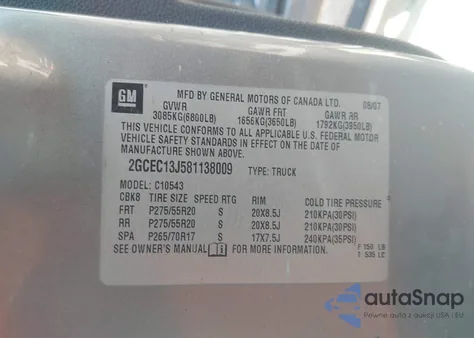 2008 Chevrolet Silverado 1500 Lt1 z USA, uszkodzony, nr VIN 2GCEC13J581138009